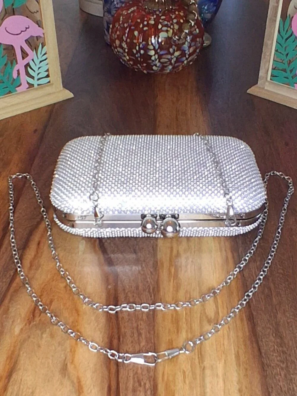 Sparkly Silver Rhinestone Hard Shell Evening Clutch Bag Crossbody Chain